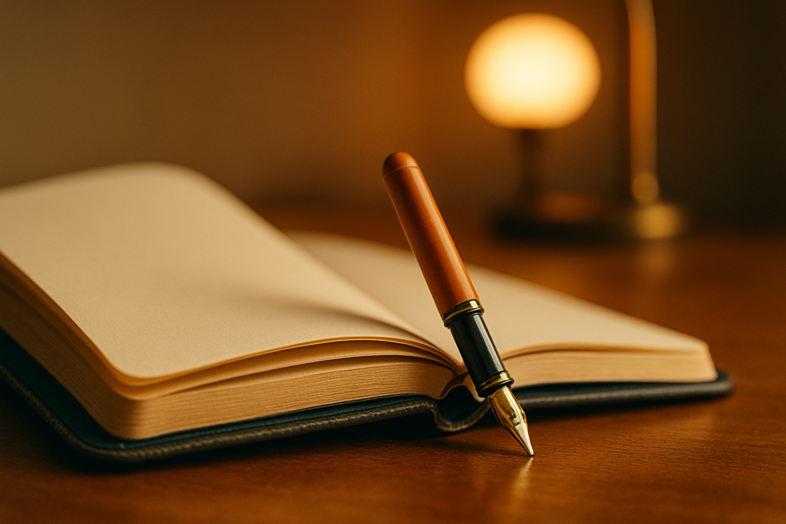 Libreta de cuero con pluma reposando