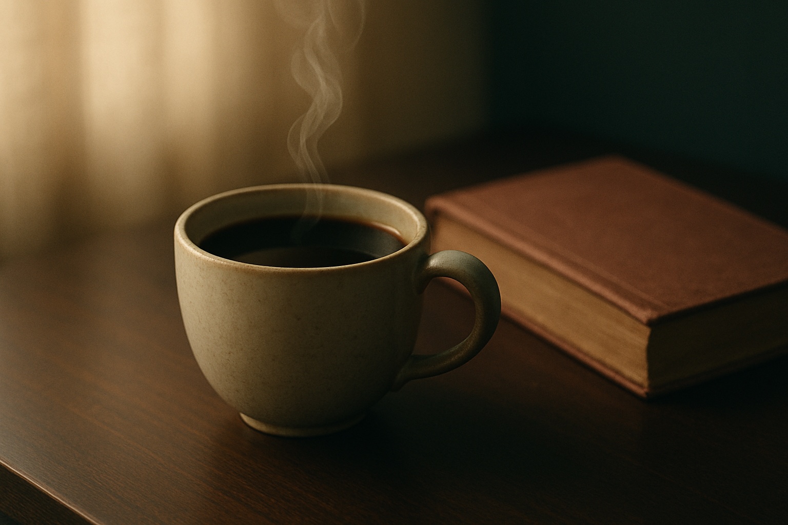 Taza de café humeando junto a libro cerrado