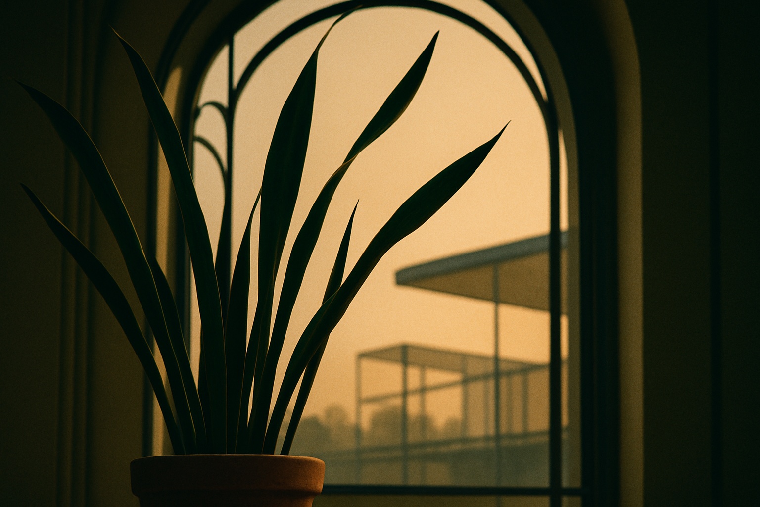 Planta serpiente silueteada contra ventana de amanecer