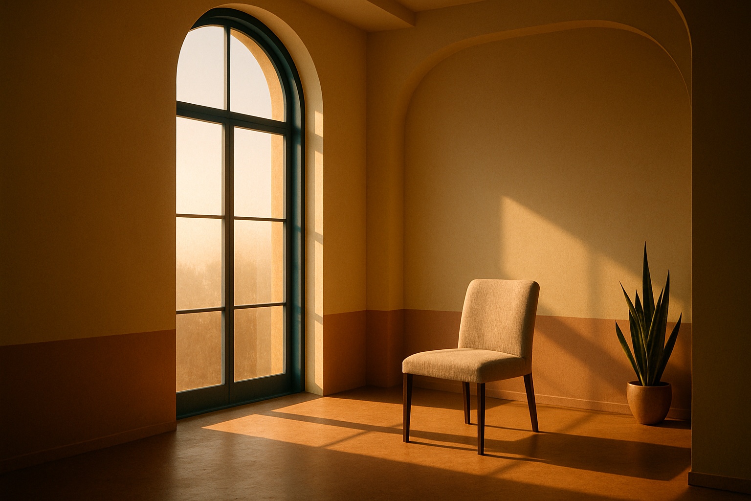 Ventana arqueada con luz dorada de amanecer