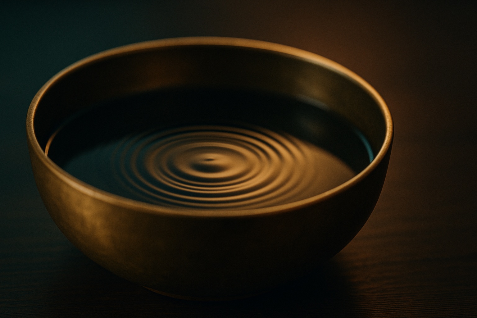 Agua quieta en bowl de bronce reflejando luz